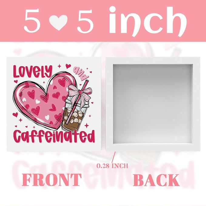 Valentines Day Decorations, Valentines Day Gifts for Her Him, Gift for Boyfriend Girlfriend, Pink Heart Bow Coffee Anniversary Wooden Box Sign Husband Wife Coffee lover Home Office Bedroom Desk Decor