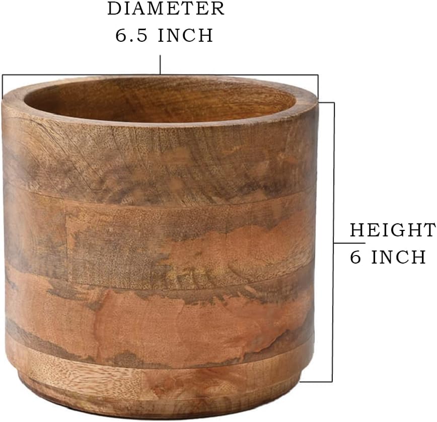 Serene Spaces Living Medium Mango Wood Cachepot – Natural Wooden Pot for Faux Flowers & Indoor Plants – Decorative Plant Holder for Home, Office, and Restaurant Decor – 6.5" Diameter & 6" Tall