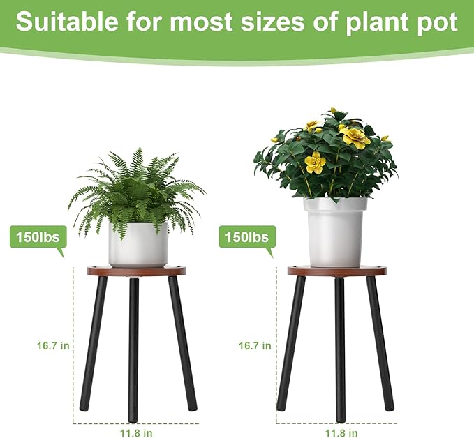 Vecxoty 2-Pack Wood Plant Stands Indoor, 16.7" Tall Plant Stand Outdoor Mid-Century Plant Stool, Single Plant Table Modern Small Round Side/End Table for Living Room, Balcony, Office(Brown)