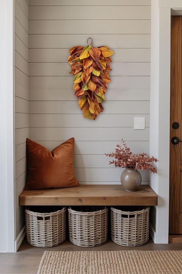 Autumn Foliage Teardrop Swag for Front Door – 27" Artificial Magnolia Leaf Garland Hanging Decoration – Fall Door, Thanksgiving Mantel & Wall Décor