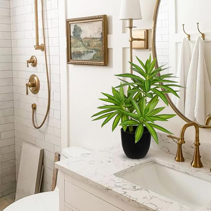 Faux Plants Dracaena Artificial Plant Realistic Green 16.1" Fake Plants in Pot Small Indoor Plants Fake Potted Plants Artificial Decor for Home Living Room Bathroom Office House Table Desk Shelf