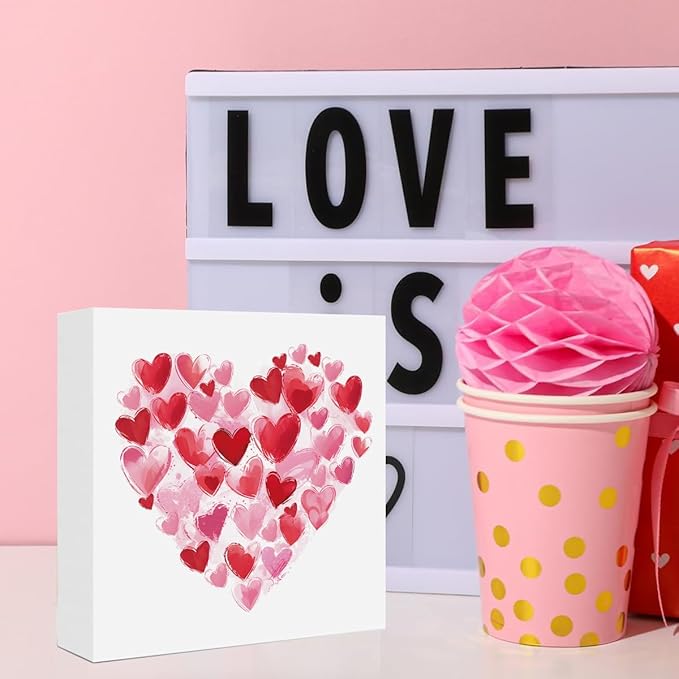 Valentines Day Decorations, Valentines Day Gifts for Her Him, Gift for Boyfriend Girlfriend, Pink Heart Brushstroke Anniversary Wooden Box Sign Husband Wife Home Office Bedroom Desk Decor