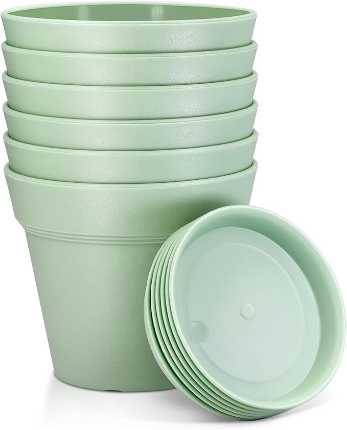 FHWTY 4 Inch Plastic Plant Pots 6 Pack, Small Flower Pots with Drainage Holes and Tray, Thickened Indoor Planters Seedlings Nursery Pots, African Violet, Succulent and All House Plants, Green