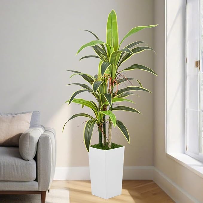 Aritificial Dracaena Tree 5FT with Realistic Trunks and 33 Leaves in Tall White Pot Faux Tropical Yucca Floor Plant for Home Office Decor Indoor Housewarming