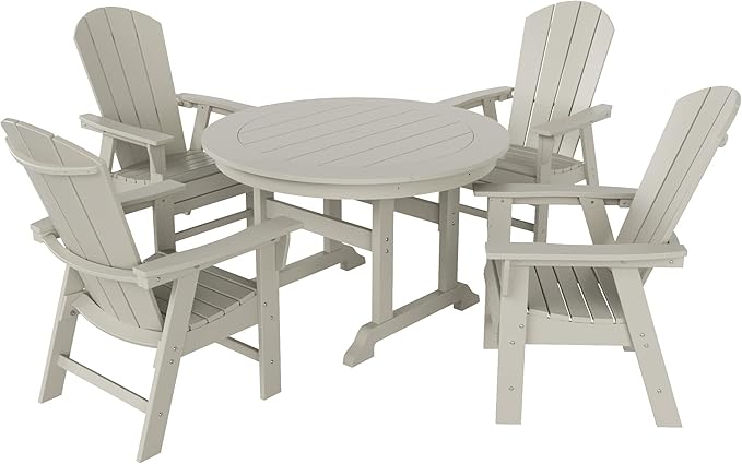 WestinTrends Malibu 5 Piece Adirondack Patio Dining Set, All Weather Poly Lumber Outdoor Table and Chairs Furniture Set, 47" Trestle Round Dining Table and 4 Adirondack Dining Chair, Sand
