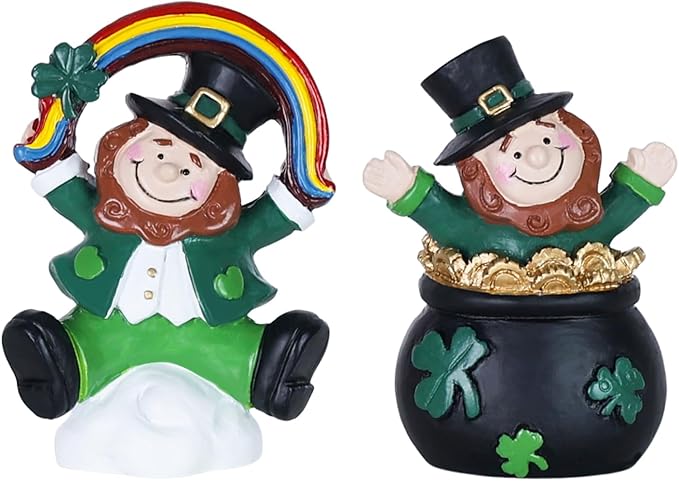 MEETYAMOR St Patricks Day Decorations, 2 PCS Irish Leprechaun Figurine for St Patricks Day Decor, Shamrock Rainbow Pot of Gold Figurines Standing for Home Table Mantel, St Patrick's Day Decorations