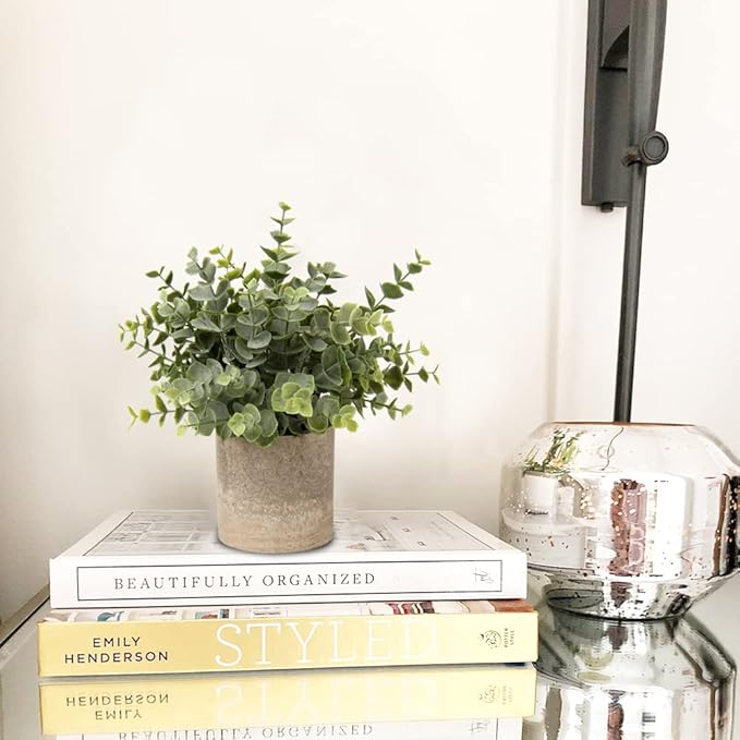 Briful Artificial Potted Plants Set of 3 Small Faux Plant Eucalyptus Mini Fake Plant Decor for Home Table Office Room Desk Bathroom Shelf Kitchen Rustic Farmhouse Mantel Decoration