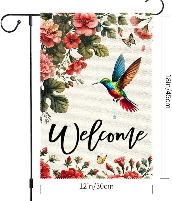 Welcome Hummingbird Garden Flag Outdoor Decor 12x18 Inch Double Sided Small Burlap Yard Outside Lawn Patio Rustic Farmhouse Seasonal Wildflowers Spring Summer Flags Decorations