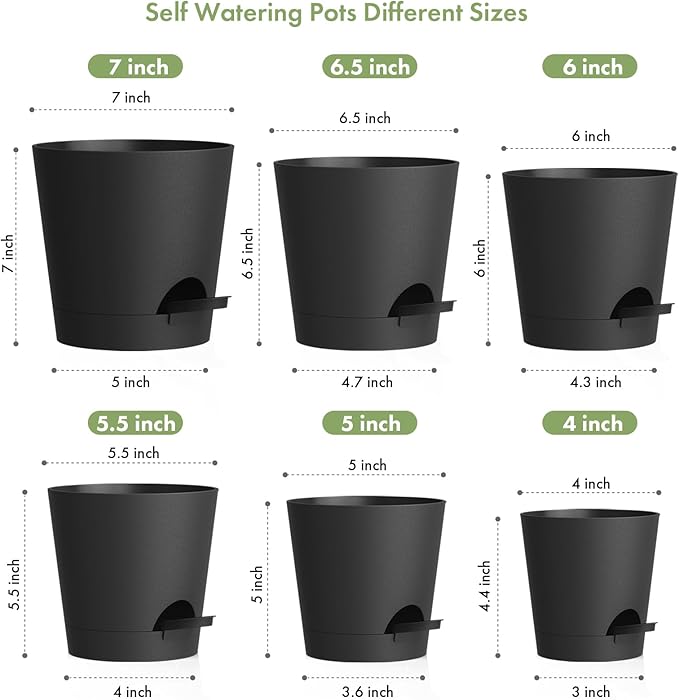 WSMKSZ 7/6.5/6/5.5/5/4 inch Self Watering Pots for Indoor Outdoor Plants, 6 Pack Plastic Flower Planters with Drainage Holes and Removable Saucers, Plant Pots with Wicking Rope, Modern Decor, Black