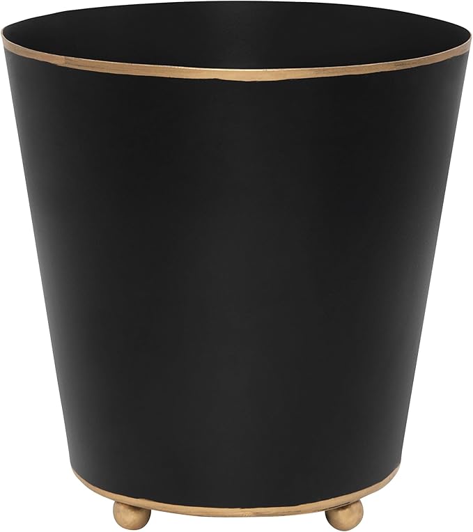 Jaye's Studio Mattie Black, Decorative Round Cachepot & Planter, Matte Black, Gold Trim & Finish, Hand-Painted, Handcrafted Metal, Luxury Indoor Planter, Size 6"