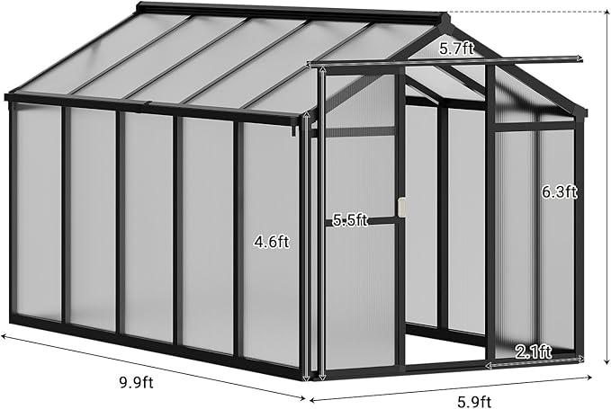 Garvee 6x10ft Greenhouse, Large Walk-in Greenhouse for Outdoors with Roof Vent & Lockable Smooth-Gliding Sliding Door, Heavy Duty Aluminum Frame Polycarbonate Green House for Garden,Backyard,Lawn,Grey