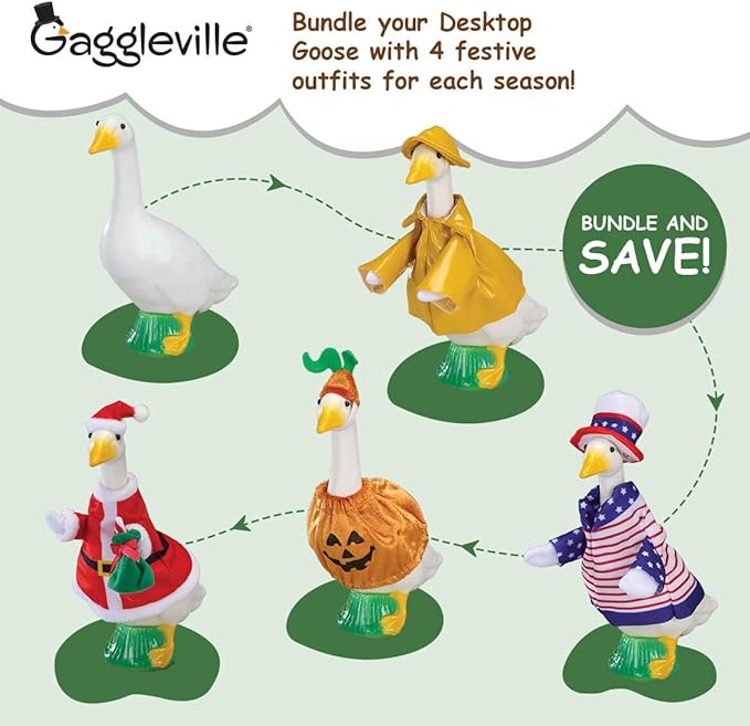 Fox Valley Traders Gaggleville 7" Desktop Goose Figurine with All Seasons Outfit Bundle – Includes 4 Adorable Seasonal Costumes for Spring, Summer, Fall & Winter – Fun Indoor Décor & Gift Idea