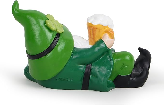 Hodao St. Patrick’s Day Gnome — Hand-Painted Resin Lounging Leprechaun with Beer Mug & Shamrock | Lucky Green Home, Bar & Party Decor, Fun Gift