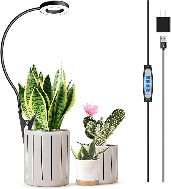 Xuligron Clip on Grow Light, 6000K Halo Plant Lights for Growing Small Plants, LED Full Spectrum Grow Lamp with 6/12/16H Timer, 5 Dimmable, 3 Modes, 2 Installation Options Clip or Plug