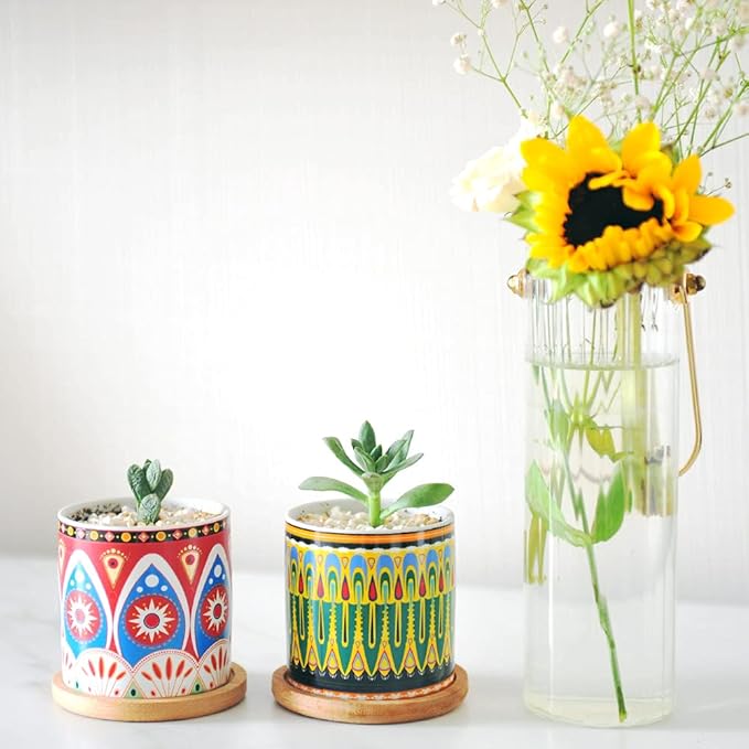 Ascrafter Mandala Succulent Pot with Drainage Hole & Bamboo Coaster, Small Plant Pots, Bohemian Ceramic Succulent Planter Pot for Small Plant-6 Pack