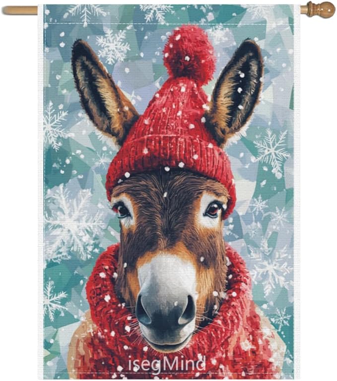 Donkey with Red Scarf and Hat Snowflake Christmas Garden Flag, 28x40 Inch Double Sided Linen Holiday Red Winter Farmhouse Yard Outdoor Decoration (4339)