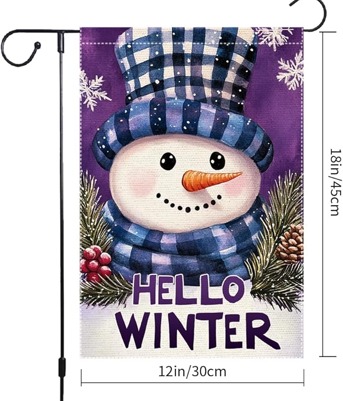 Winter Garden Flag 12x18 Inch Double Sided Small Burlap Outdoor Seasonal Decoration Cute Snowman Design with Plaid Hat and Scarf Hello Winter Welcome Flag for Yard Patio Front Porch