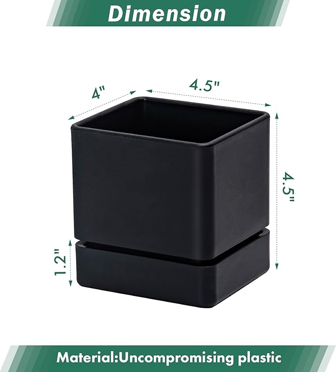 D'vine Dev 4 Inch Herb Planter Pot, Plastic Planter with Drainage Holes and Saucer, Modern Decorative Gardening Pot for Indoor Plants, Flowers, Herbs, Succulents, Black, Set of 2, 76-Y-B2-1