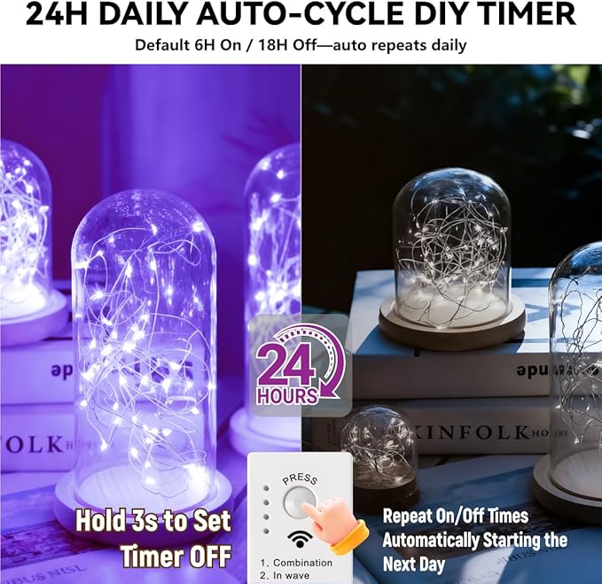 HXWEIYE Rechargeable Fairy Lights Battery Operated, DIY Timer & 8 Modes, 2 Pack 16FT 50LED Twinkle String Lights Indoor, Led mini Lights for Bedroom Wedding Dorm Christmas Tree Decor (Purple)