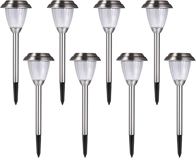 voona Solar LED Outdoor Lights 8-Pack Stainless Steel Pathway Landscape Lights for Outdoor Path Patio Yard Deck Driveway and Garden, (Silver)