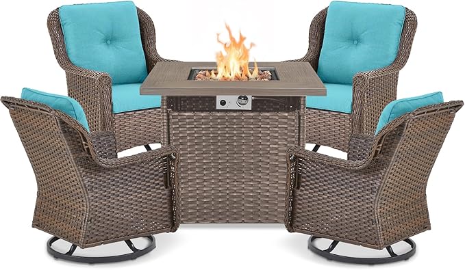 Outdoor Patio Swivel Gliders with Fire Pit Table 5 Piece Set - High Back Brown Wicker Rattan Rocking Chair with Thick Cushion for Porch Apartment Deck Yard Poolside Garden - Turquoise