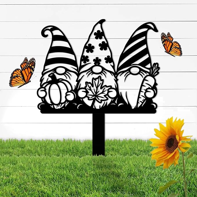 Magilab Personalized Iron Yard Stake - Christmas Cute Gnome Dwarves Decor, 8-Inch Black Metal Garden Sign for Outdoor (Style F)