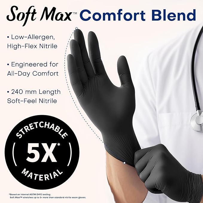 Medical Soft Max™ Black Nitrile Disposable Gloves, 100 Pcs, Latex-Free & Powder-Free Food Safe Food Prep Exam Gloves