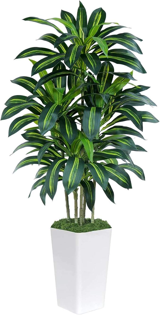 Keeplush 5FT Artificial Dracaena Tree - High-Density Foliage Fake Plant with White Tall Planter - Faux Yucca Floor Plant for Home Office Decor Indoor