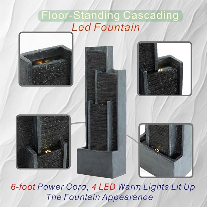 40" H Outdoor Water Fountain, Modern Floor Standing Cascading Waterfall with LED Lights, Resin Water Feature for Porch Patio Garden Home Office, Black