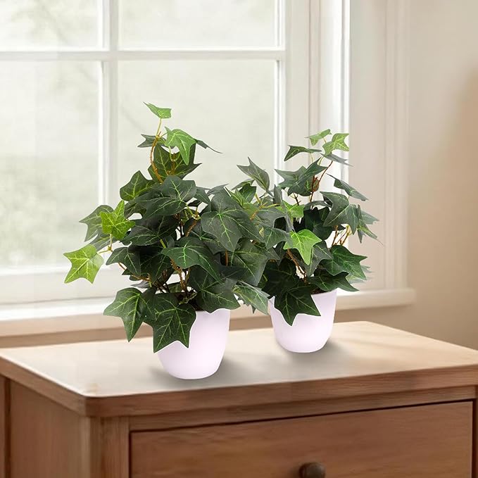 alyptus Fake English Ivy Plants in Pots Set of 2 – Realistic Artificial Ivy Greenery for Home Decor, Tabletop, Office, Shelf, Balcony or Bathroom - Green with White Pots