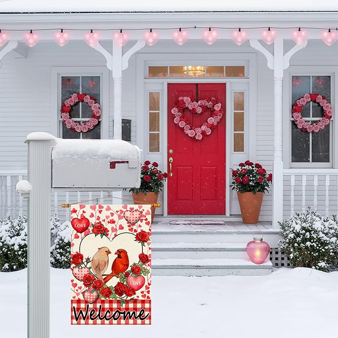Welcome Valentine’s Day Cardinal Buffalo Love Heart Balloons Garden Flag Romantic Roses Yard Flag 12x18 Inch Double Sided Small Mini Yard Outdoor Outside Holiday Decoration