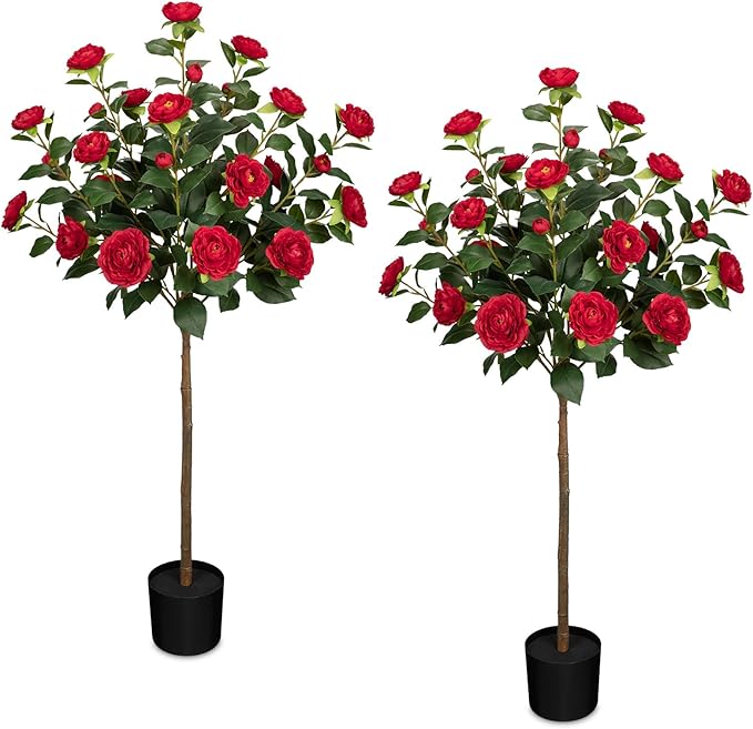 4ft Artificial Camellia Tree Fake Camellia Plant with Red Flowers Faux Floral Plant Blooming Tree in Black Pot for Indoor Outdoor Office Home Front Door Porch Decor (2 Pack - Red)