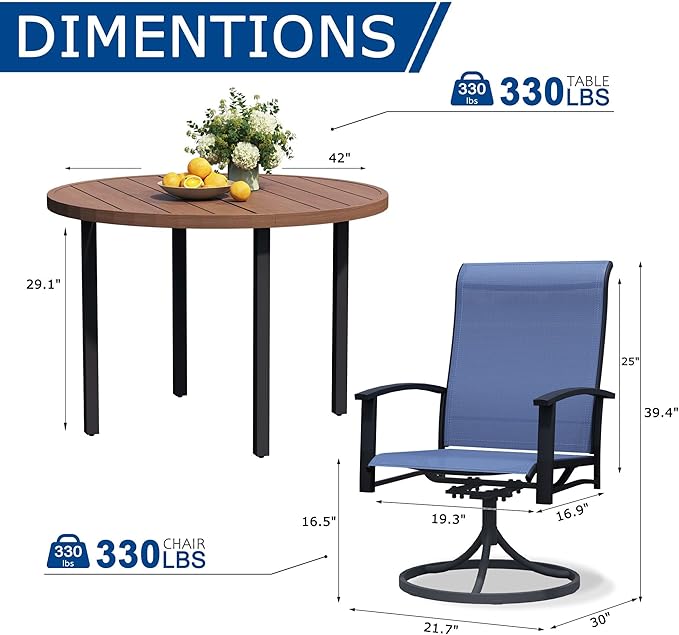 5 Pieces Outdoor Table and Chairs for 4, 42" Walnut Round Table with 4 Blue Swivel Chairs, Patio Set with Swivel Chair, Garden Tables for Outdoor, Patio Dining Set for Lawn Backyard Poolside