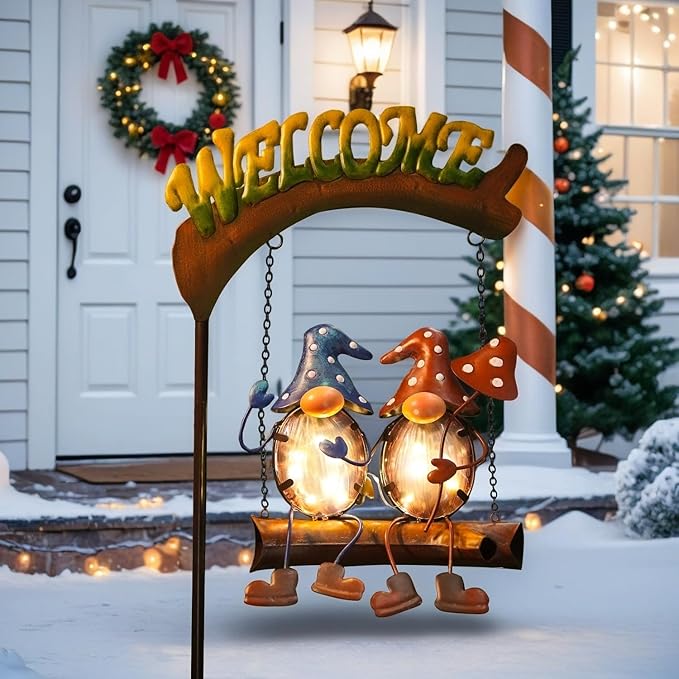HONGLAND Gnomes Garden Decor Solar Lights Cute Gnome Swing Outdoor Decor, Gnomes Yard Lights Decor Housewarming Gifts for Women Welcome Signs for Lawn Porch Backyard Patio
