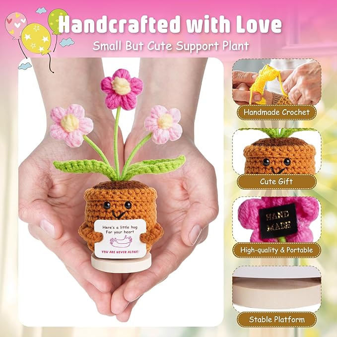 penzoos Emotional Support Plant, Handmade Crochet Potted Flower with Inspirational Message Card, Pink Petal Knitted Daisy, Stress Relief Gift for Christmas, Friends, Family, and Coworkers