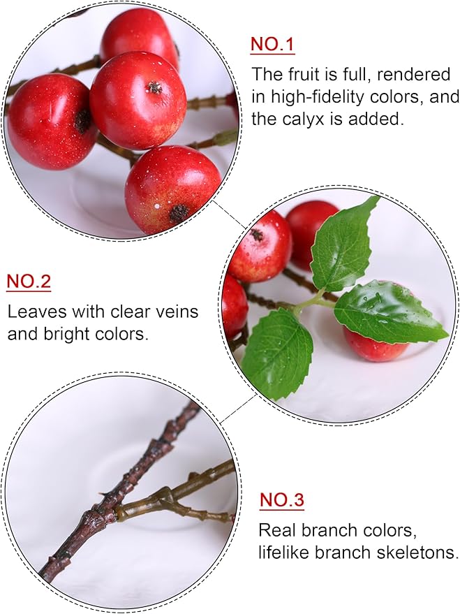 Forlaoers Realistic 8Pcs 21.6 Inch Red Berry Artificial Flowers Faux Berries Fruit Branches for Kitchen Table Decor Dining Room Party Home Centerpieces Christmas Vase Fillers Farmhouse