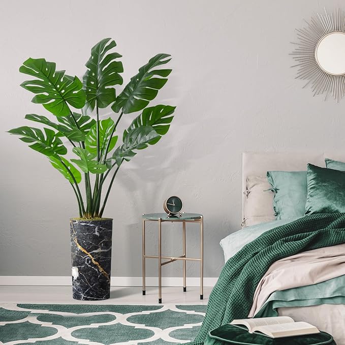 Artificial Tree in Modern Granite Effect Planter, Fake Monstera Silk Tree for Indoor and Outdoor Home Decoration - 65" Overall Tall (Plant Pot Plus Tree)