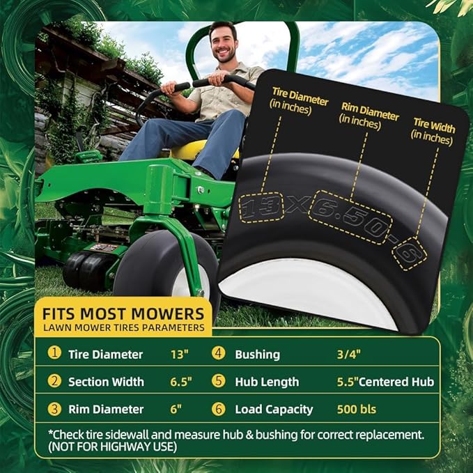 13x6.50-6 Lawn Mower Tires Flat Free with Rim Assemblies (2 Pack),Universal 13x6.5-6 Solid Smooth Rubber Zero-Turn Lawn mowers Tire,5.5"-7.72”Centered Hub and 3/4" extra 5/8" 1/2” Bushings