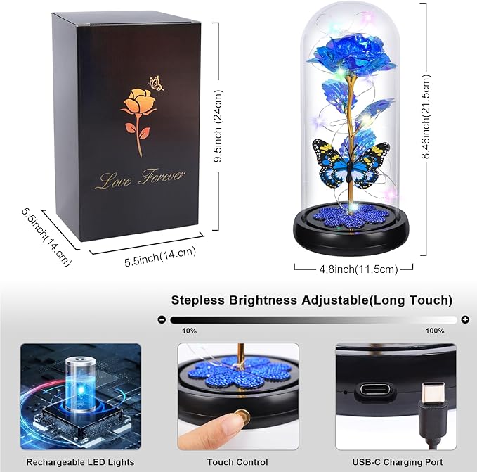 Valentines Day Rose Gifts for Her Birthday Gift for Women, Rechargeable Galaxy Glass Rose in Glass Dome Crystal Eternal Roses Butterfly Valentine Gifts for Women Daughter Mom Wife Girlfriend Blue