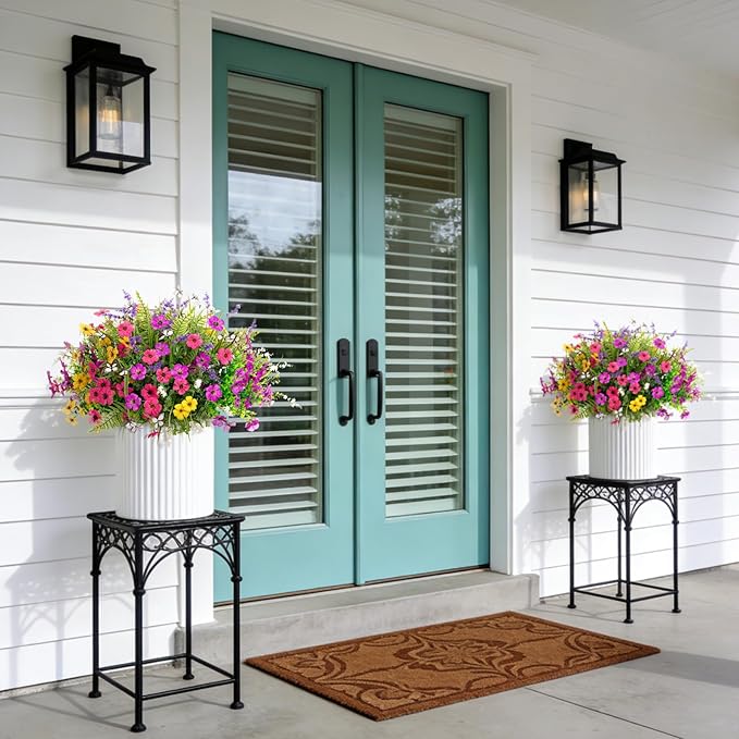 Artificial Fake Flowers for Outdoor Porch Planters Boxes Decoration,12 Bundles Outdoor Faux Fern Plants with Butterfly,UV Resistant Greenery Yard Patio Garden Decor