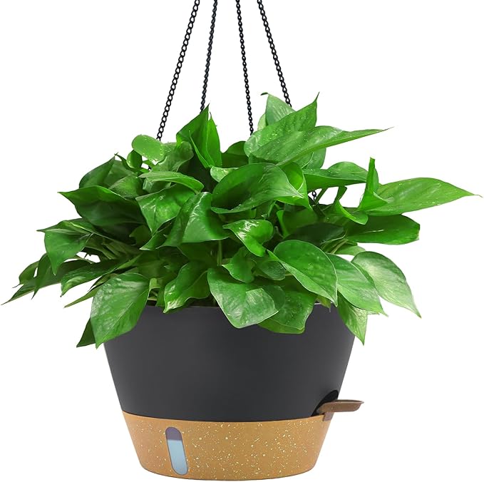 ZMTECH 12 Inch Hanging Planters for Indoor, Large Hanging Plant Pot with Visible Water Level and Chain, Self Watering Hanging Flower Pot for Outdoor Garden Porch(Dark Gray)