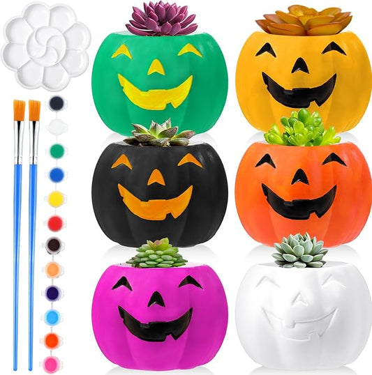 Pasimy 6 Set Ceramics to Paint DIY Ceramic Succulent Planter Pots Paint Your Own Flower Pots Craft Kit Unpainted Bisque Flowerpot with Brush Palette for Family Activity Holiday Gifts(Evil Pumpkin)