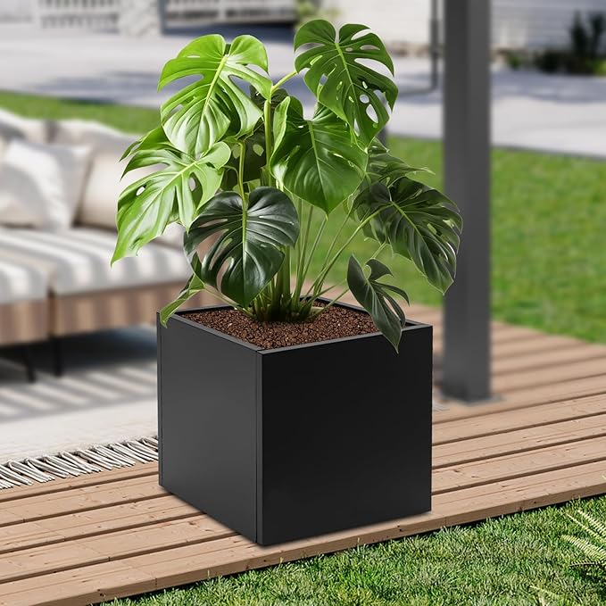 16~32inch Steel Planter Square Outdoor Planters Box Indoor Metal Large Planters Cube, Heavy Duty Flower Pot Modern for Commercial Residential Home Garden Porch Hotel Patio (Black, 24×24×24in)