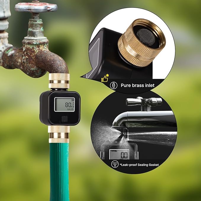RISOON Brass Water Flow Meter with LCD - Accurate Gallon/Liter Measurement for Pool Filling, RV Tank, Garden Hose & Lawn Sprinkler