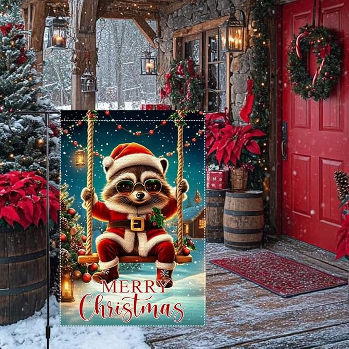 Christmas Garden Flag 12x18 Inch Double Sided Burlap Holiday Yard Flag Cute Raccoon in Santa Outfit Swinging with Lights Small Winter Outdoor Decorations for Lawn Porch