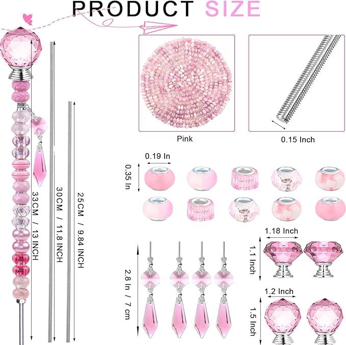 121 Pcs DIY Fairy Wand Beaded Garden Stakes Kit, Fairy Wands Garden Kit Pink Large Hole Bead with Sparkling Pendants Crystal Stopper Top Threaded Rod Beaded Garden Stakes Supplies Outdoor Decorative