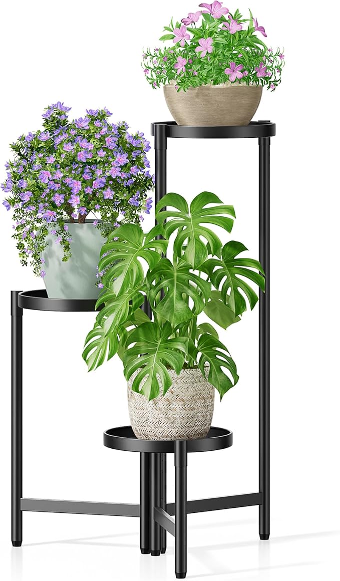 NQW 3 Tier Large Plant Stand Indoor with 7.9 Inch Wide Tray, Tiered Corner Metal Outdoor Flower Holder Stand, Folding Tall Rack for Display Shelf for Patio Porch Balcony - BlackDisk