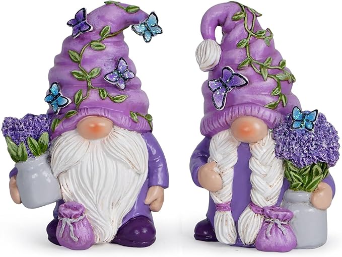 Hodao 2PCS Purple Lavender Butterfly Gnome Figurine Set for Yard, Lawn, Patio, Porch - Weatherproof Resin Garden Decoration - Outdoor Decor & Unique Gnome Gift for Women