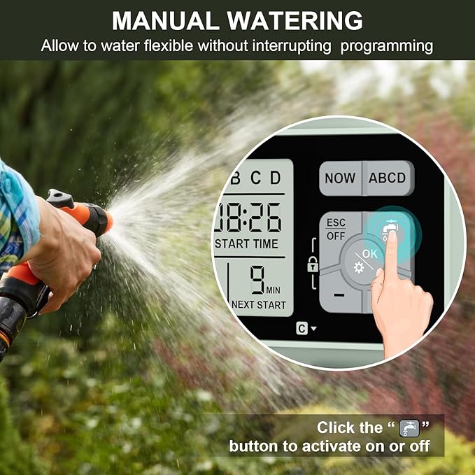 Watering Timer 4 Zone with with Brass Inlet, Sprinkler Timer, Programmable Garden Outdoor Hose Faucet Timers with Rain Delay/Manual/Automatic Watering System,Water Hose Irrigation Timers 4 Outlet