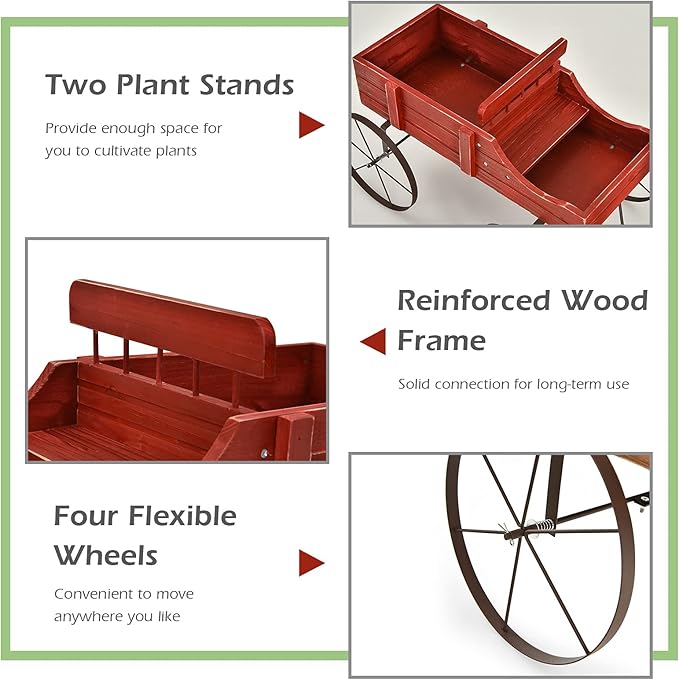 Giantex Decorative Garden Planter, Small Wagon Cart with Metal Wheels, Wood Raised Beds Plant Pot Stand for Backyard Garden Patio 24.5"x13.5"x24" (Red)